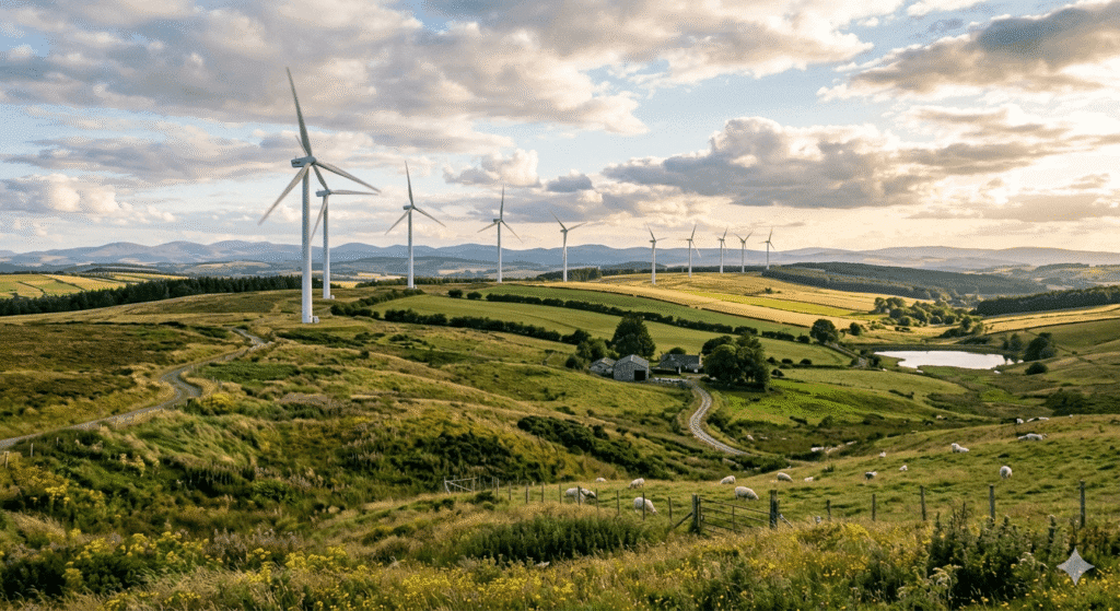 Wind turbines working in a field